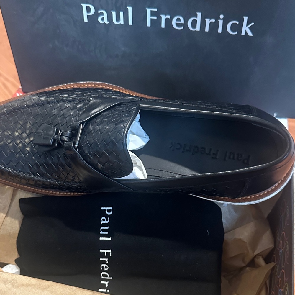 Paul Fredrick Black Woven Leather Tassel Loafers